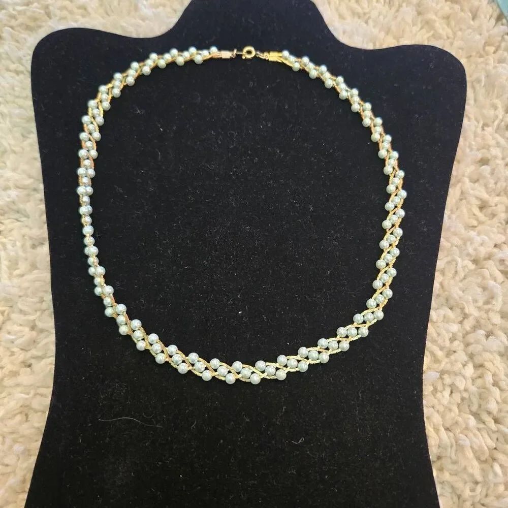 Vintage Pale Blue Pearl Gold Necklace